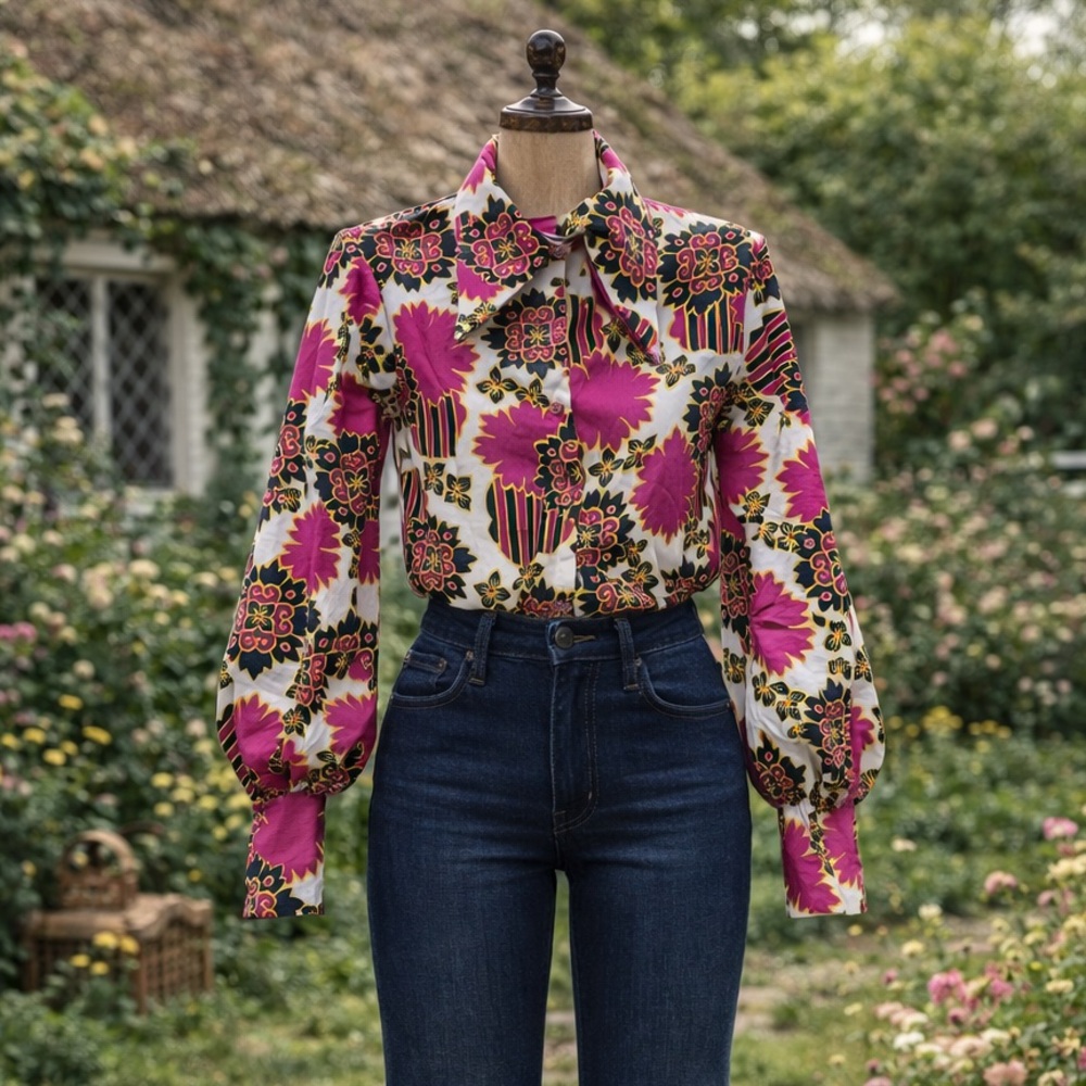 Vintage 1970s JC Penny Vibrant Pink Floral Button-Up Blouse With Bishop Sleeves